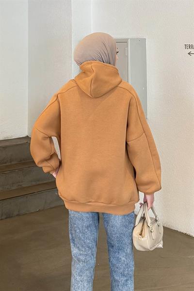 Kapüşonlu Oversize Yan Cepli Sweat Camel