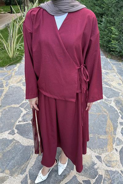 Bağlama Detaylı Etekli Takım Bordo