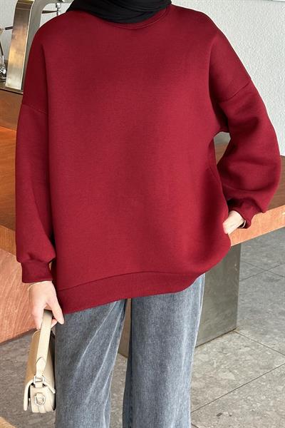 Jasmin Bisiklet Yaka Oversize Sweat Bordo