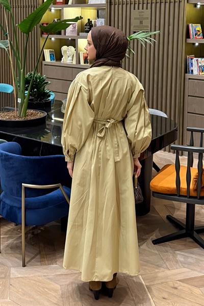 Pileli Poplin Elbise Bej