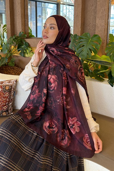 Çiçek Desen Bambu Şal Koyu Bordo