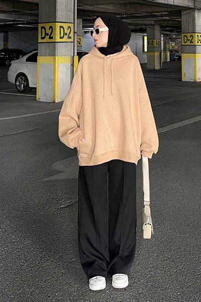 Kapüşonlu Oversize Yan Cepli Sweat Sütlü Kahve