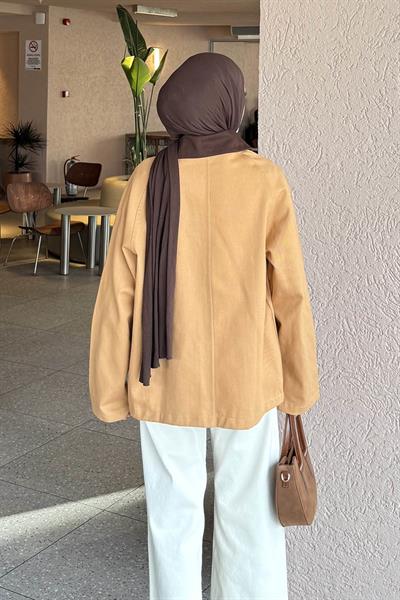 Yaka Detaylı Düğmeli Gabardin Ceket TABA