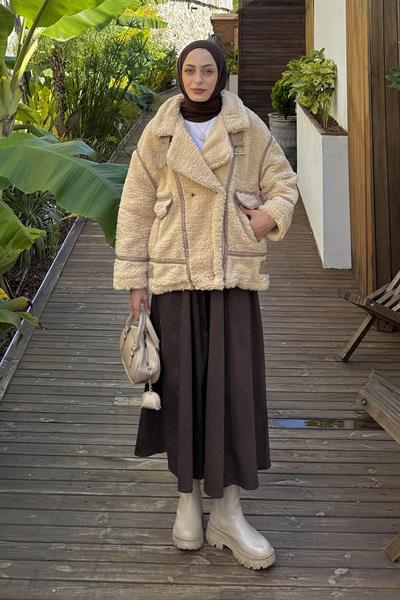 Biyeli Peluş Mont Bej