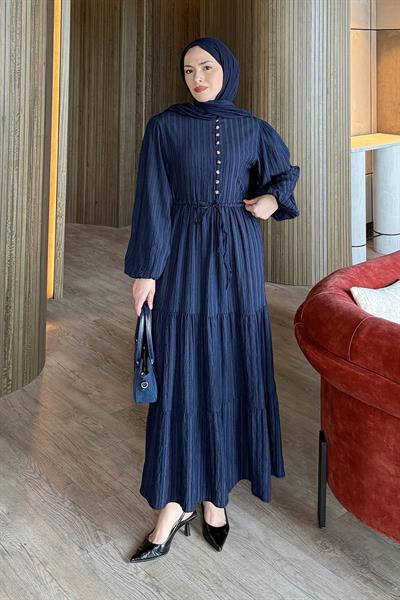 Biritli Tesettür Elbise Lacivert