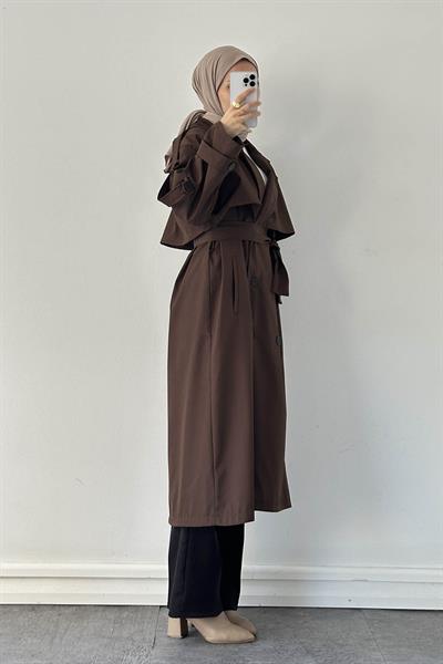 Uzun Apoletli Oversize Trenç Kahverengi