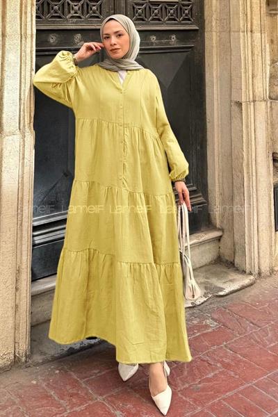 Ön Yarım Düğme Detaylı Müslin Kumaş Tesettür Elbise Sarı