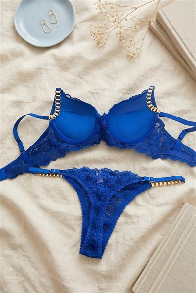 Dantelli Destekli Sütyen Zincirli Takım Saks Mavisi