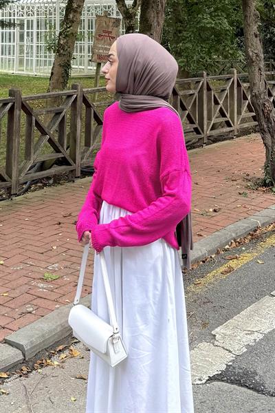 Kayık Yaka Triko Kazak Fuşya