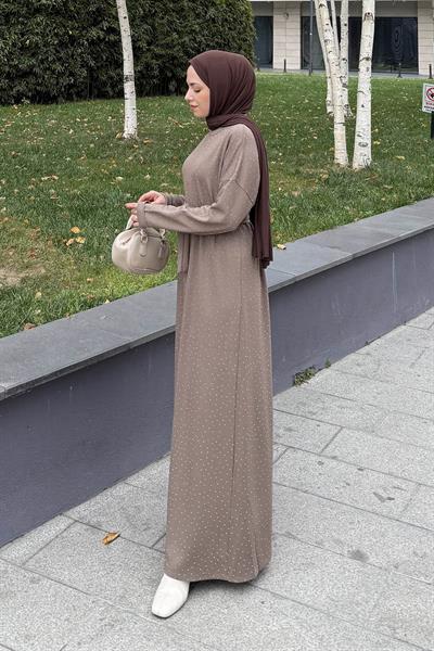 Taş Detaylı Tesettür Elbise Soft Kahve