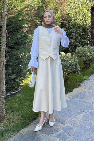 Gabardin Yelek-Etek İkili Tesettür Takım Taş