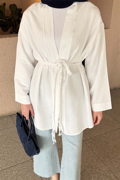 Örgü Bağlamalı Kimono Ceket Beyaz