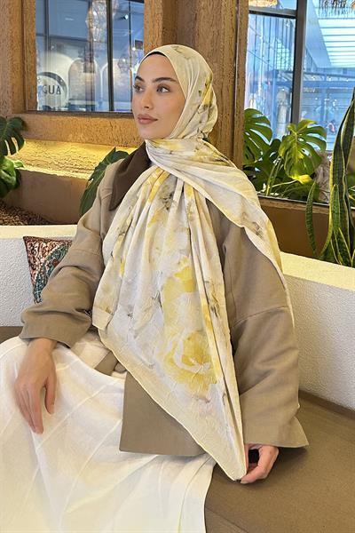 Gül Desen Bambu Şal Sarı