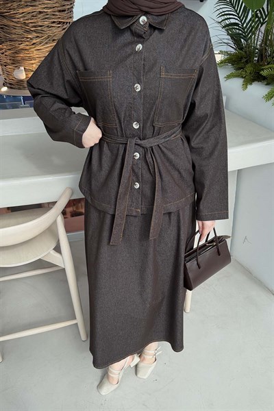 Bağlamalı Denim Takım Kahverengi