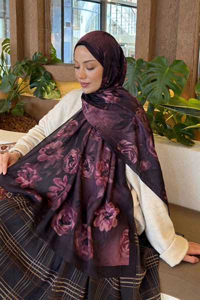 Çiçek Desen Bambu Şal Mürdüm