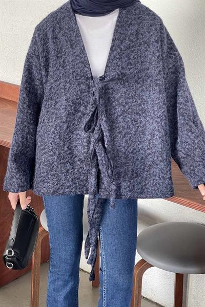 Bağlamalı Kaşe Kimono Lacivert
