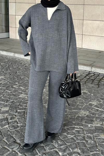 Yaka Detay İkili Tesettür Takım Antrasit
