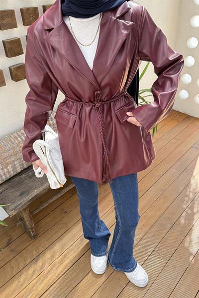 Oversize Deri Ceket Bordo