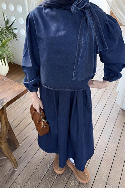 Fiyonk Detaylı Denim Takım Koyu Mavi