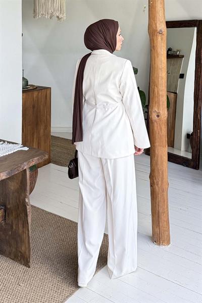 Pensli Ceket-Pantolon İkili Takım Krem