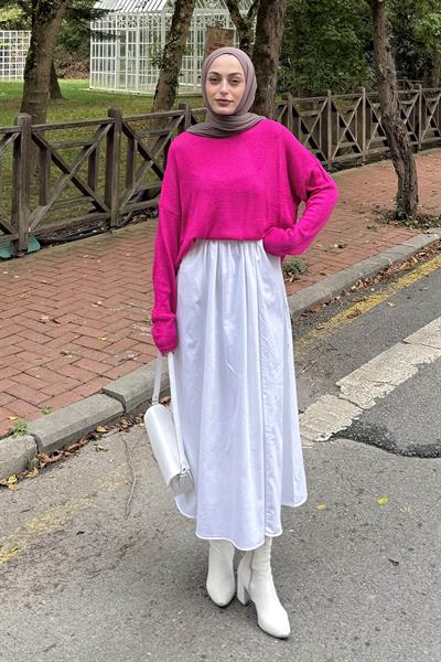 Kayık Yaka Triko Kazak Fuşya