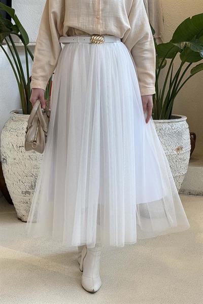 Pileli Kemerli Tül Etek Beyaz