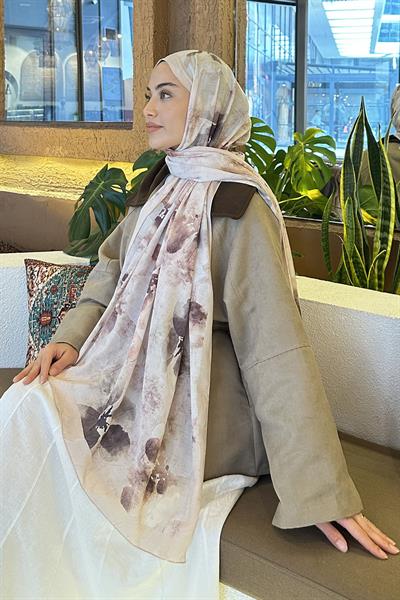Batik Çiçek Desen Bambu Şal Bej