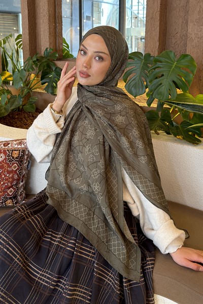 Geometrik Desen Bambu Şal Haki