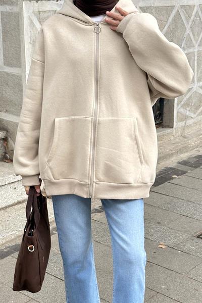 Kapüşonlu Oversize Yan Cepli Sweat Bej
