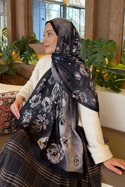 Çiçek Desen Bambu Şal Siyah