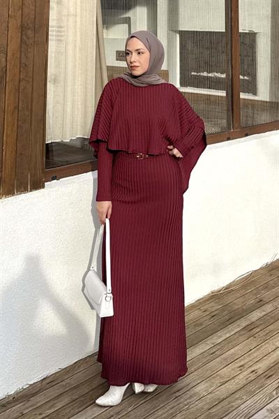 Balıksırtı Kemerli Elbise Bordo