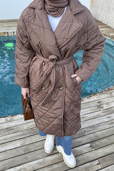 Ceket Yaka Beli Kuşaklı Kapitone Mont Acı Kahverengi