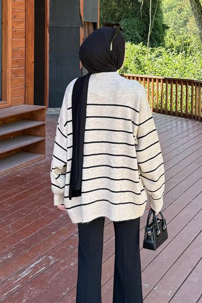 Çizgili Triko Kazak Bej