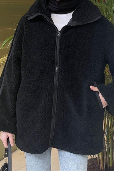 Biye Detaylı Tedy Peluş Mont Siyah