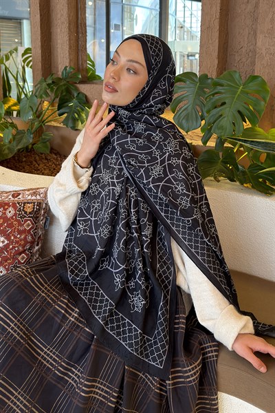 Geometrik Desen Bambu Şal Siyah