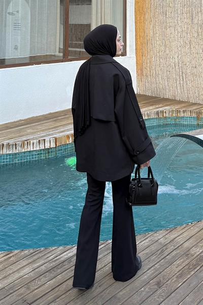 Omuz Apoletli Kısa Trençkot Siyah
