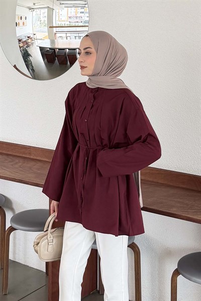 Piliseli Geniş Kol Gömlek Bordo