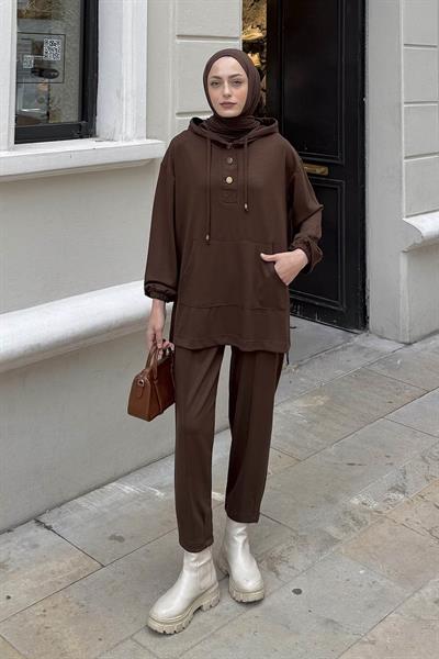 Kapüşonlu İkili Takım Acı Kahverengi