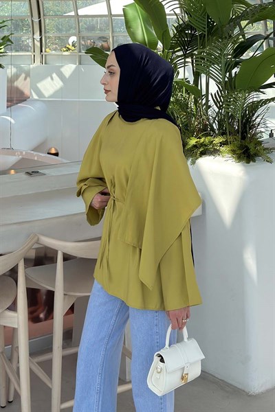 Pelerin Detaylı Oversize Tunik Yağ Yeşili
