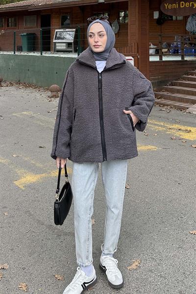 Biye Detaylı Tedy Peluş Mont Füme