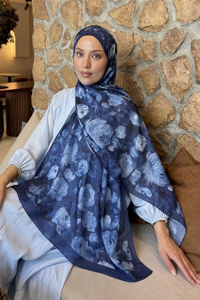 Botanik Çiçek Desen Lara Soft Şal Lacivert
