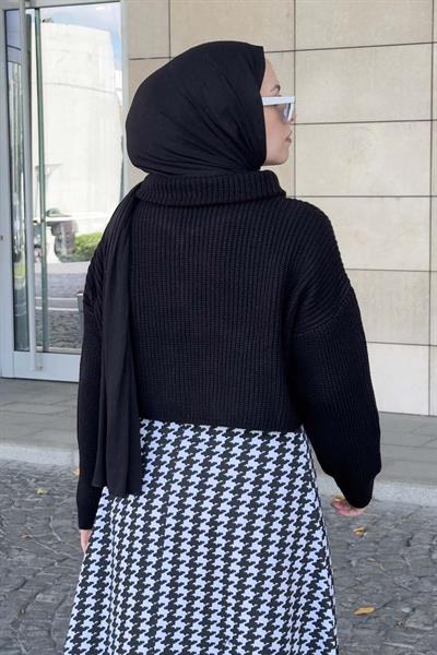 Yaka Fermuarlı Crop Triko Kazak Siyah