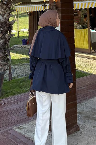 Bağlama Detaylı Pelerinli Trençkot Lacivert