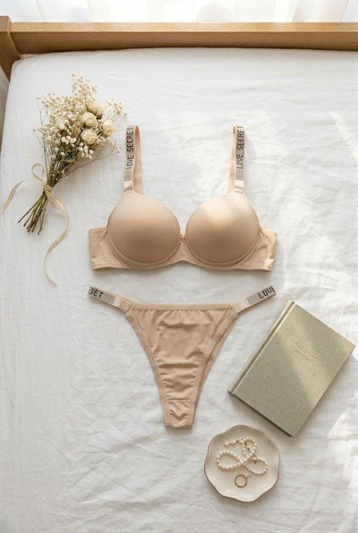 Mikro Kumaş Düz RenkTaşlı Destekli Sütyen Takımı Ten Rengi