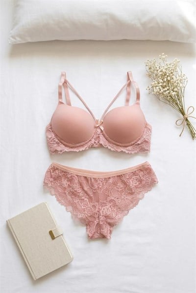 Dantelli Destekli Ipli Sütyen Takımı Pudra