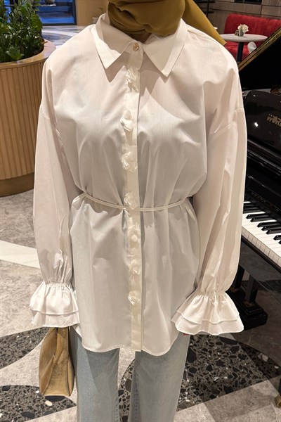 Fırfırlı Bağlama Detaylı Gömlek Beyaz