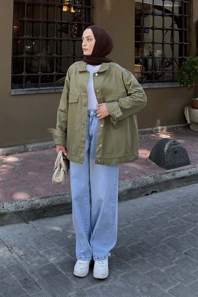 Gabardin Kapak Cepli Ceket Haki