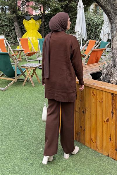 Aksesuarlı Triko Takım Acı Kahverengi