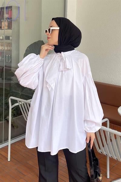 Yaka Fular Detaylı Gömlek Beyaz