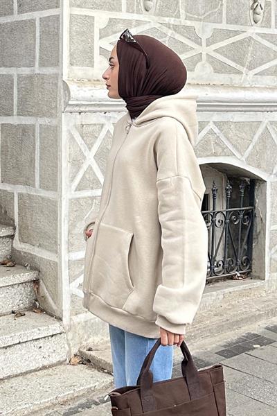 Kapüşonlu Oversize Yan Cepli Sweat Bej